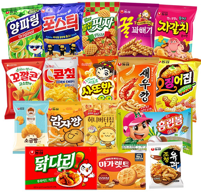 [간식대장] 과자 세트 17종 오징어집 조청유과 닭다리 감자깡 사또밥 새우깡 양파링 포스틱 꿀꽈배기 자갈치 벌집핏자 마가렛트 허니버터칩 소금빵 홈런볼 콘칲 꼬깔콘고소한맛, 1개