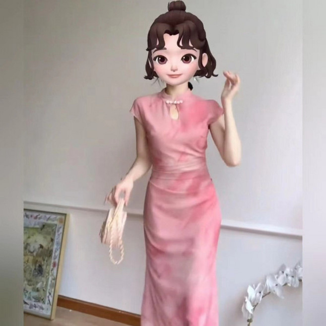 DIU 新款新中式國風粉色旗袍女夏季連衣裙盤扣粉色氣質收腰修身包臀裙, L