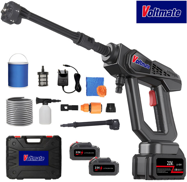 VoltMate 무선 고압세척기 고압세차기 휴대용 세차기 6in1 다기능 4000mAh 듀얼 배터리 5m 호스 접이식 물통 등 세트 포함, 블랙, 8107