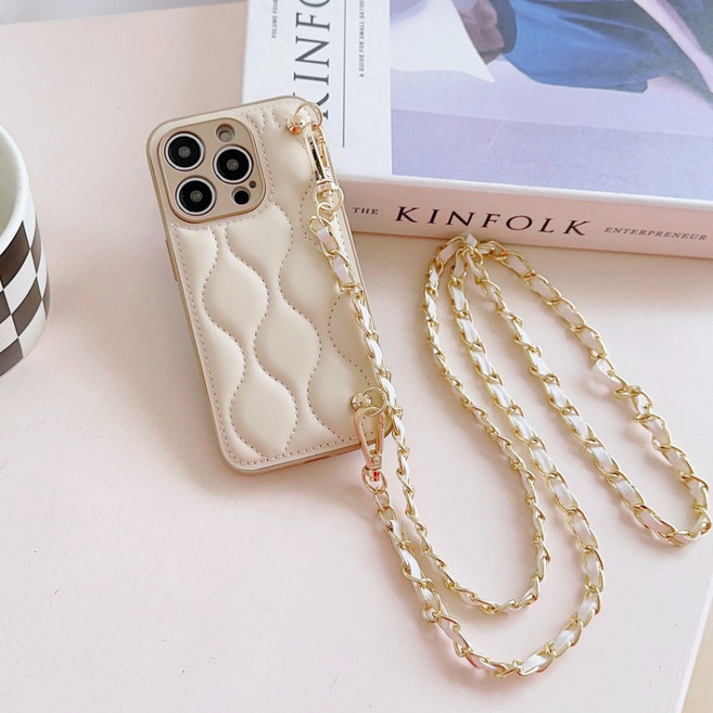 Wandian case. iPhone 水波紋防摔手機殼 附長掛繩 適用於 iPhone 17 16 15 14 13 12 11 Pro Max 杏色
