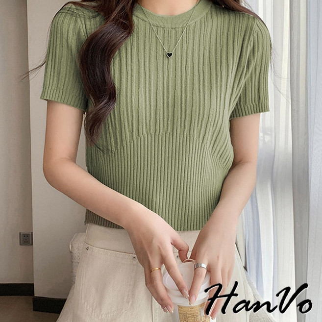 HanVo 直紋素色圓領短袖針織衣 氣質修身顯瘦上衣 質感女裝 女生衣著 A01-0323