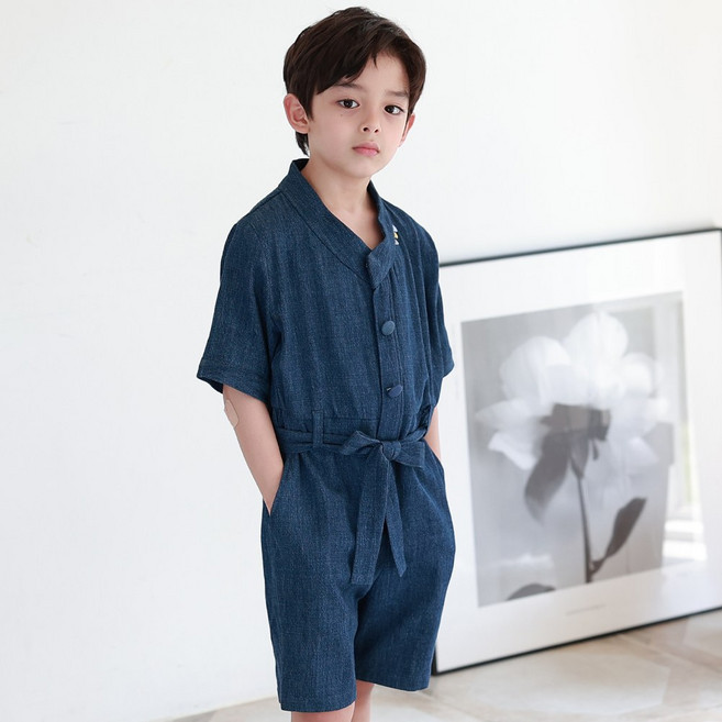 하랑한복 바다뎅이 아동 반팔 점프 슈트 공용 네이비 어린이 여름 생활한복 세트