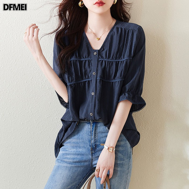 DFMEI V領天絲襯衫女夏寬鬆大碼胖mm開衫顯瘦上衣