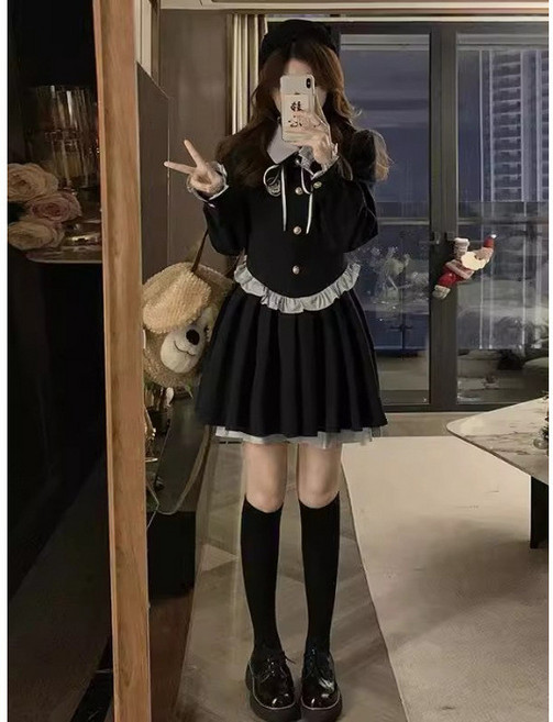 純慾甜美短裙 春秋收腰顯瘦假兩件撞色拼接POLO領學院風連衣裙, 藏青色连衣裙,XL, 藏青色连衣裙