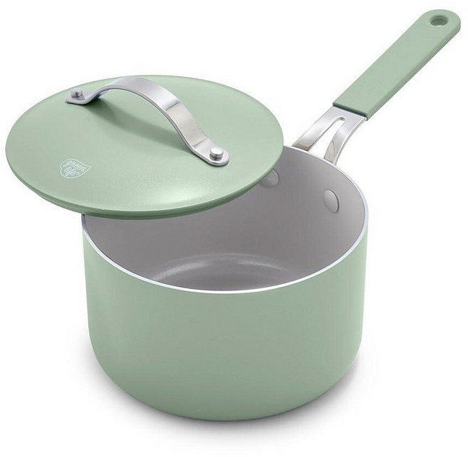 GreenLife 뚜껑이 있는 1.9L(2쿼트) 논스틱 소스팬 가볍고 건강한 PFAS 프리 우유 팬 식기 세척기 및 오븐 사용 가능 수프 팬 내구성 있는 바디 실리콘 스, Sage Green, 1.9L