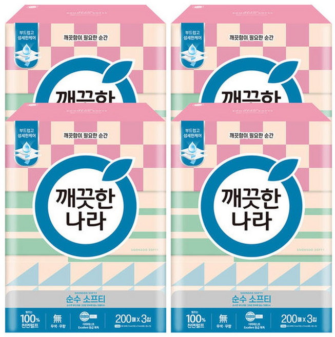 깨끗한나라 순수 소프티 미용티슈 200매 3개입 4팩, 4박스
