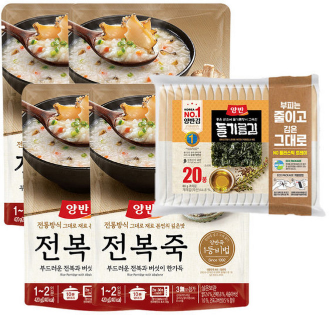 동원 양반 전복죽(파우치죽) 420gx4+에코김20개(1봉) 용기 고급 프리미엄 전통 몸 보신 환자 영양식 간편 즉석 건강 한끼 죽 혼밥 모닝 아침 원기회복 종류, 420g, 1개