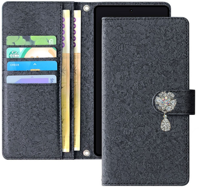 아이폰14 플러스 - 큐르크 물방울 큐빅 지폐2칸+카드5장 올인원 지갑형 케이스 + 손목스트랩