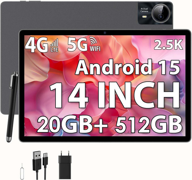 2026 고화질 슈퍼 14인치 대형 화면 태블릿 PC 안드로이드15 4G 전화 통화 20GB512GB BT 5G WiFi GPS 구글 플레이 패드, [03] Standard, [01] 512GB Grey