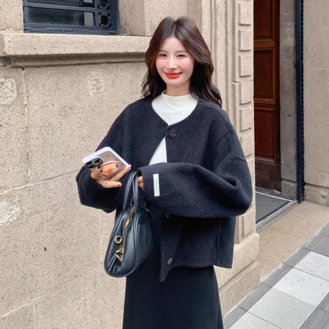 고급 캐시미어 혼방 코트 여성용 봄가을 숏 울 코트