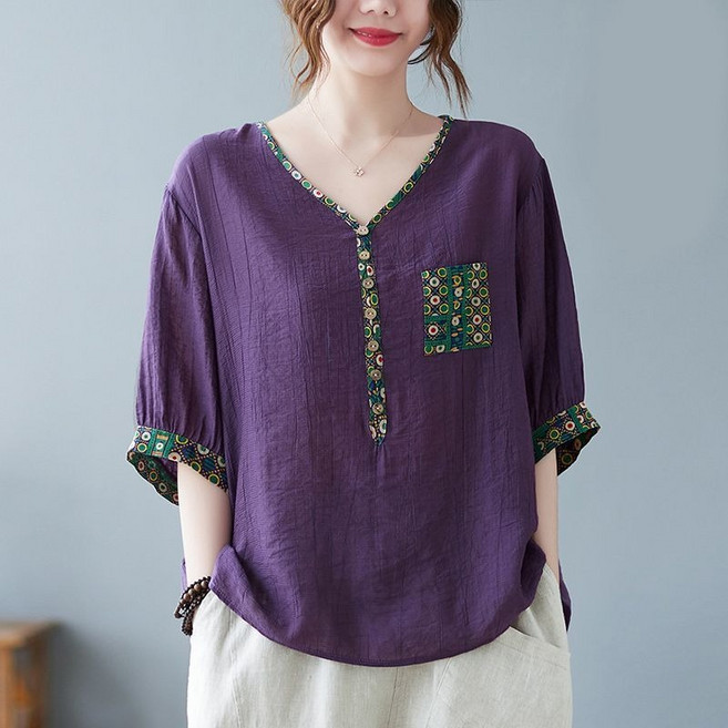 COSYEVNO 여성 루즈핏 민속 패턴 반팔 블라우스 캐주얼 데일리룩 LFHmmsy-10