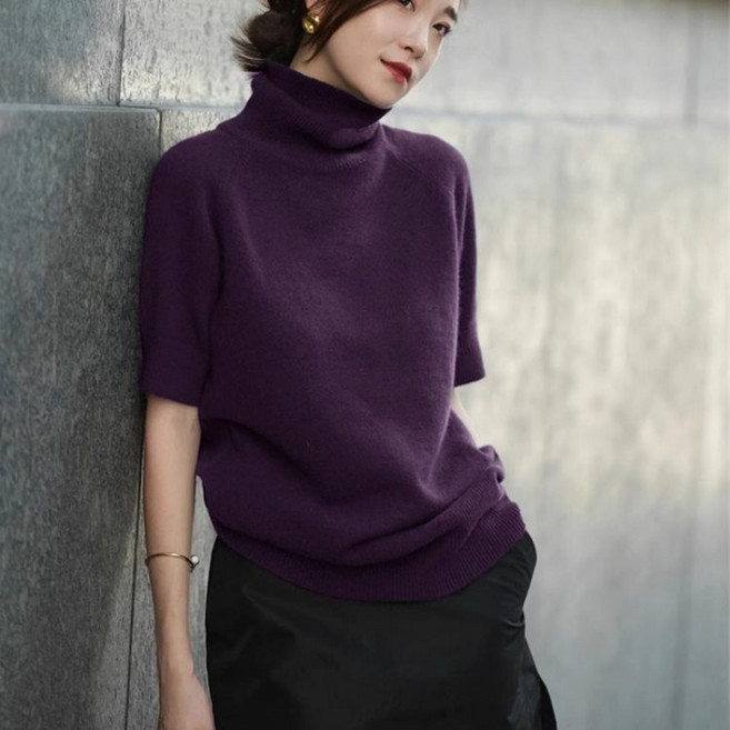 해피유통 니트티셔츠 봄가을 여성용 반팔 목폴라 디자인 감각 고급스러움 상의 mgy