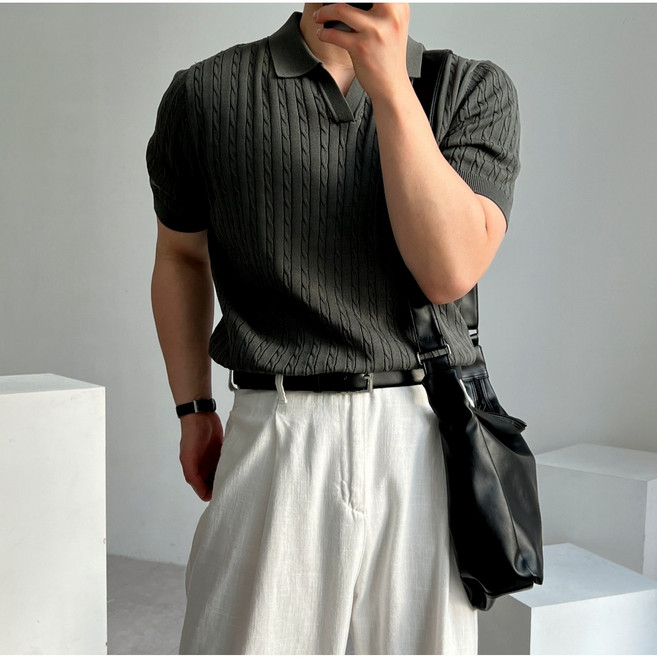 밸류젯 남자 여름 머슬핏 꽈배기 반팔 니트