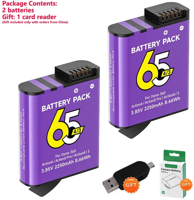 DJI 오즈모 액션 6 5 프로 카메라용 PALO 2250mAh 배터리 4 3 360 스포츠 액세서리, 01 China Mainland, 03 2pcs Battery