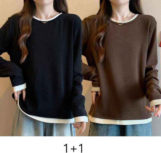 1+1 여성 긴팔티 봄 가을 보온 이중 페이크 레이어드 티셔츠 실용적인 기본 캐주얼 라운드넥 긴팔 JS