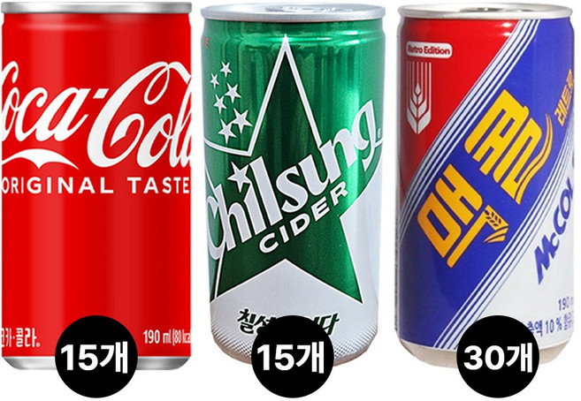 [오늘쇼핑]코카콜라190ml(15캔)+칠성사이다190ml(15캔)+맥콜190ml(30캔) / 총 60캔, 190ml, 1세트