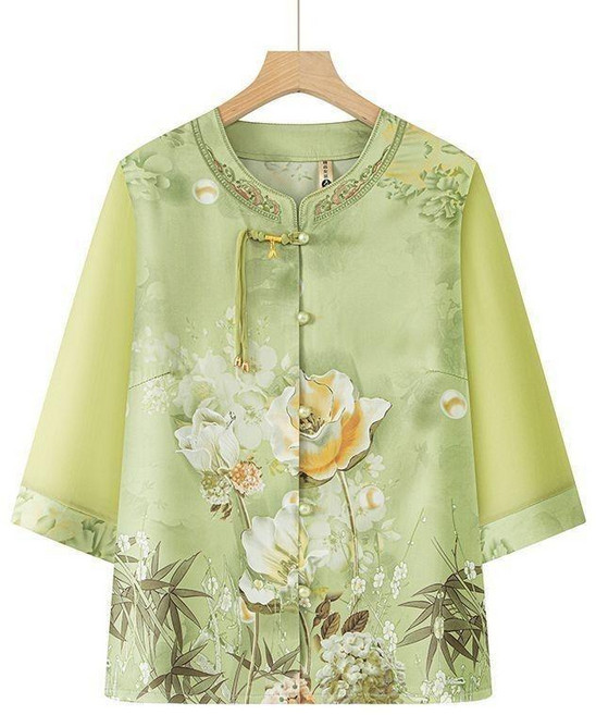 中老年夏季國風印花上衣, 綠色 單件上衣 ,6XL 建議80.0-90.0公斤, 綠色單件上衣