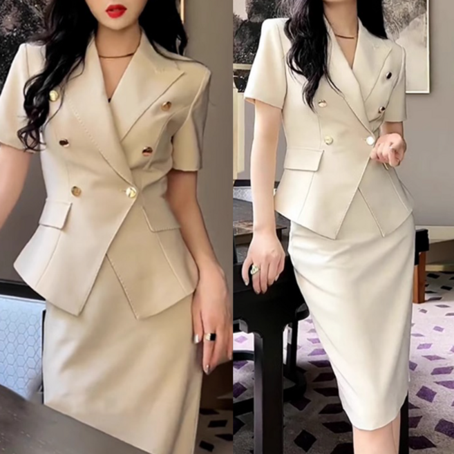 Asure 여성 정장 세트 베이직 반팔 재킷+힙업 스커트 오피스룩 출근룩