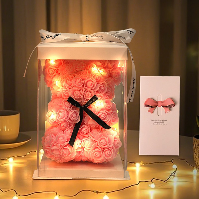 EVOKME 장미꽃곰돌이 로즈베어 장미곰돌이 플라워곰 led 조화 꽃다발 기념일 생일 결혼 신혼 선물 인테리어조화, 1개, 핑크