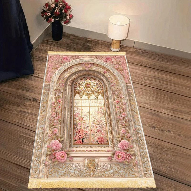 비카마 핑크 골드 플로럴 디자인 무슬림 기도 매트 미끄럼 방지 휴대용 카펫 침실 거실용, 80X120CM(2.6X3.9FT, 1. YLB-1, 1개