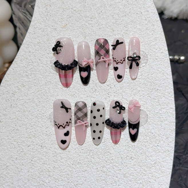 도쿄네일 10p 블랙 핑크 리본 체크 도트 여자 아이돌st 네일팁 수제 네일팁 탈착식 재사용 가능, 1개, m사이즈