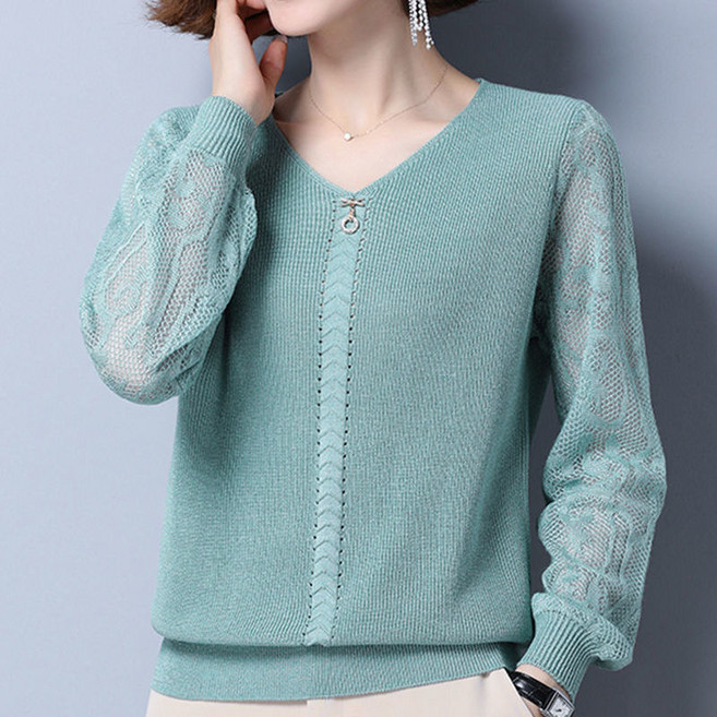 고급 중년 여성 얇은 니트 티셔츠 봄 여름 박사이즈 엄마옷 루즈핏 브이넥 긴팔 티셔츠 캐주얼 여자 레이스 소매 상의 CJJ