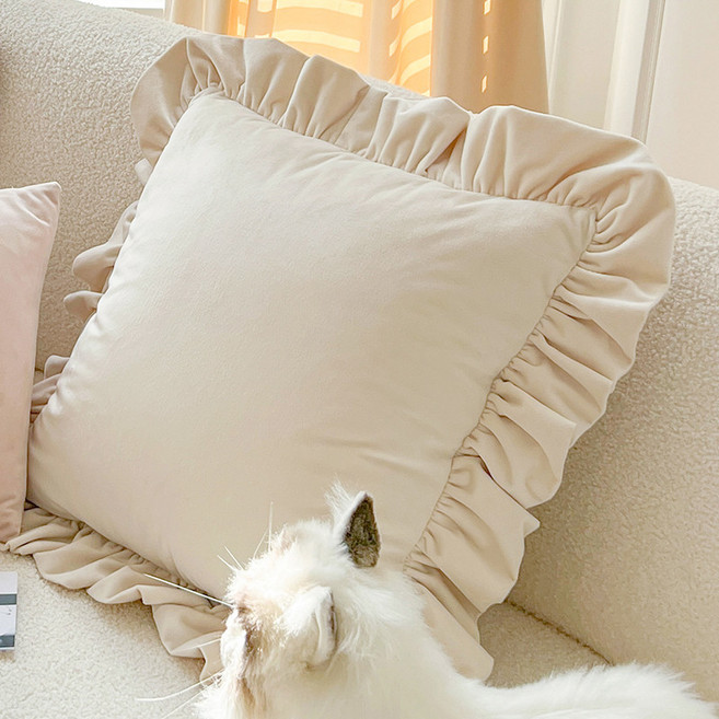 핑크 인테리어 쿠션 귀여운 침실 소파 등받이 베개 감성 방꾸미기 소품, 솜 포함, 연꽃 가장자리 밀크티 45x45cm