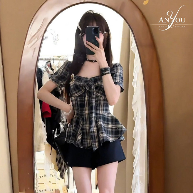 ANYOU 여름 여성 반팔 반바지 세트 슬림 데일리룩 투피스 휴가룩