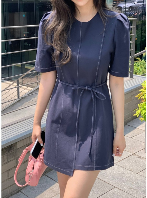 서진맘 여성 키작녀 라운드넥 퍼프소매 언발란스 미니 반팔 원피스