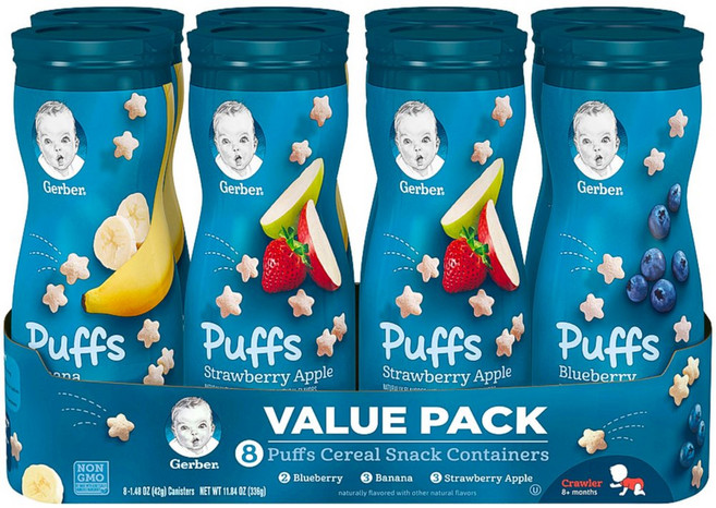 Gerber Graduates Puffs Cereal Snack 아기 간식 거버 그레쥬에이트 퍼프 시리얼 스낵 버라이어티팩 1.48oz(42g) 8팩, 8개, 42g