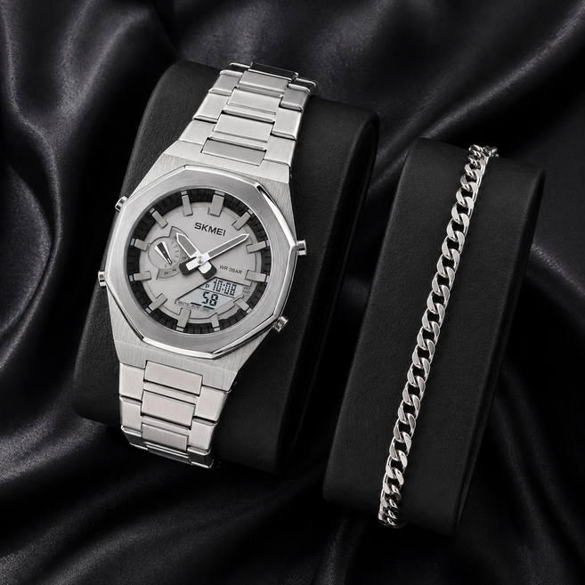 SKMEI 1816 남성 듀얼 디스플레이 다기능 메탈 시계 카운트다운 알람 시계 비즈니스 데일리 스타일 팔찌 증정 남친 선물 세트