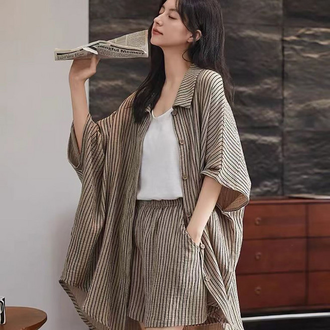 빅사이즈 여성 면 홈웨어 여름용 반팔 반바지 잠옷 세트 루즈핏 캐주얼 외출 가능 ZK4412