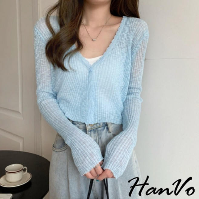 HanVo 氣質單釦薄針織短版外套 - 冷氣房必備冰絲涼感透膚上衣, 晴空藍