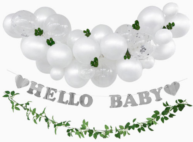 베이비샤워 세트 헬로우 베이비 가랜드 화이트 풍선 용품 조화 장식, HELLO BABY 가랜드 + 화이트 벌룬 세트, 1세트