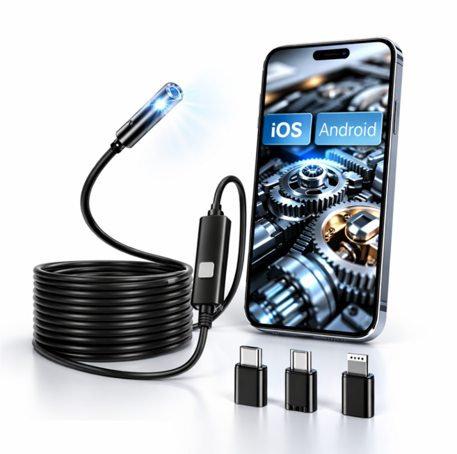 공구팜 아이폰 갤럭시 겸용 강선 C타입 스마트폰 내시경 카메라, 1개, 5미터