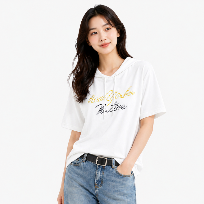 빌리즈빈 여성 캐주얼 큐빅 반팔 후드 티셔츠 G1247