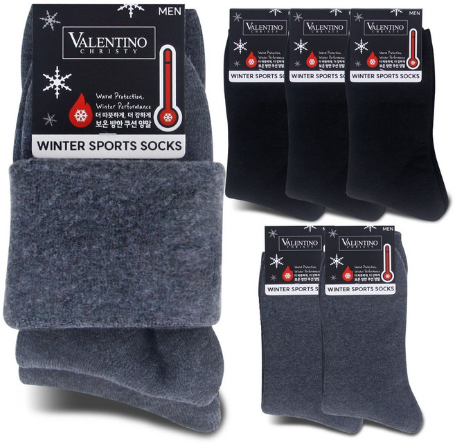 발렌티노크리스티 겨울 방한 보온 두꺼운 쿠션 통 기모양말 장목 6켤레