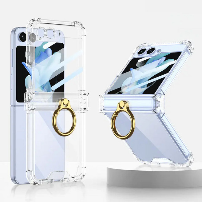 Z플립5 투명 힌지보호 핑거링 방탄 풀커버 휴대폰 케이스 + 외부 액정보호 9H 필름 for 지플립5 지플립4 지플립3