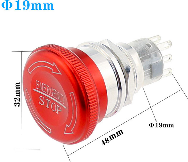 금속 비상 정지 버튼 스위치 12V/220v 래칭 손잡이 로터리 스위치 방수 소켓 전원 끄기 정지 순간, 3Pin 1NO1NC, NO Socket, 19MM, 1개