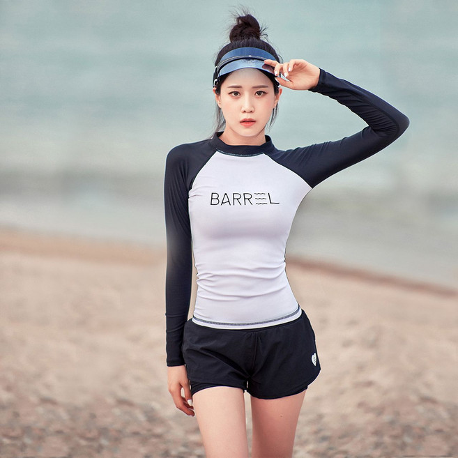 BARREL 女長袖泳衣 衝浪防曬速乾, 1個, 黑白上衣（干濕均防曬）XL