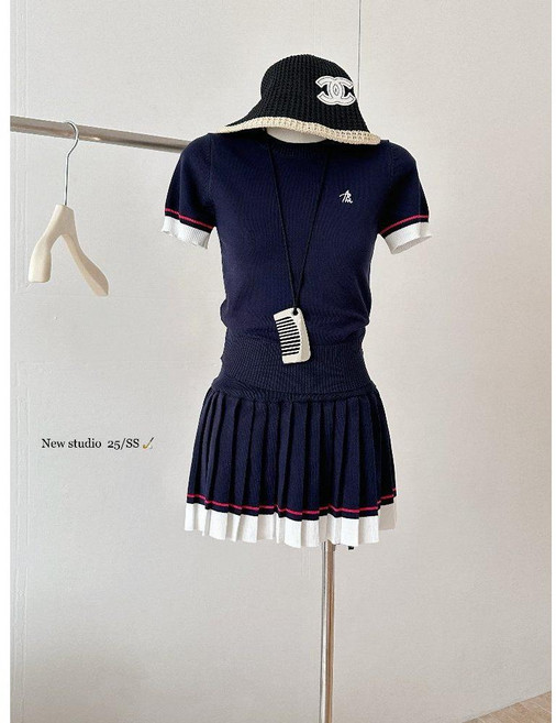 테니스 셋업 니트 반팔 셔츠 플리츠 미니 스커트 슬림핏 투피스 세트