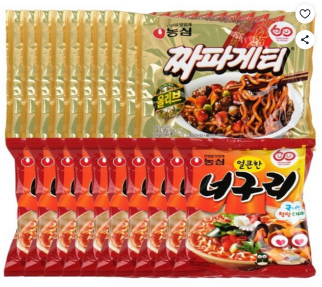 농심 짜파게티 10p + 얼큰한 너구리 10p, 20개