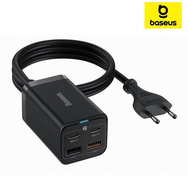 베이스어스 멀티 충전기 초고속 4포트 USB 고속충전기 65W GaN3 Pro 2C+2U (1m), 1개, 블랙