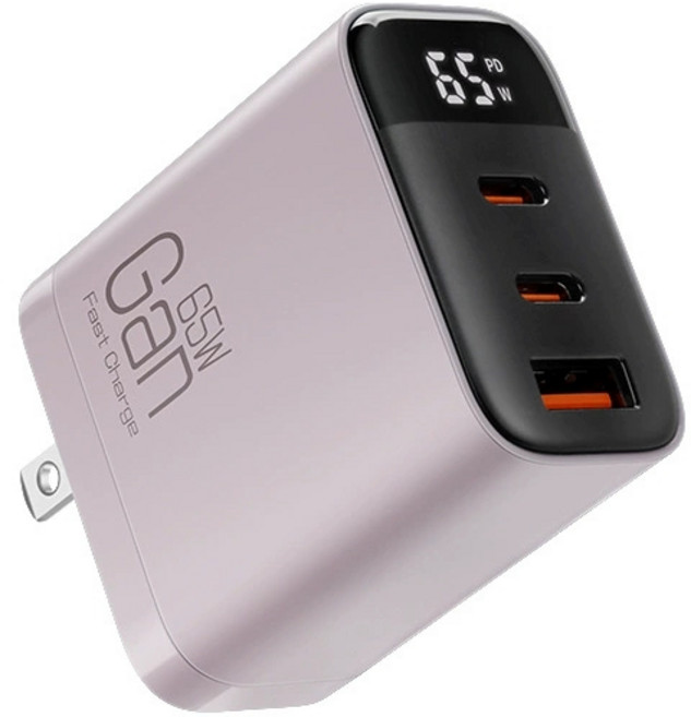 阿瑟3C GaN氮化鎵65W數顯快充頭 三孔充電器, 粉色, 1個