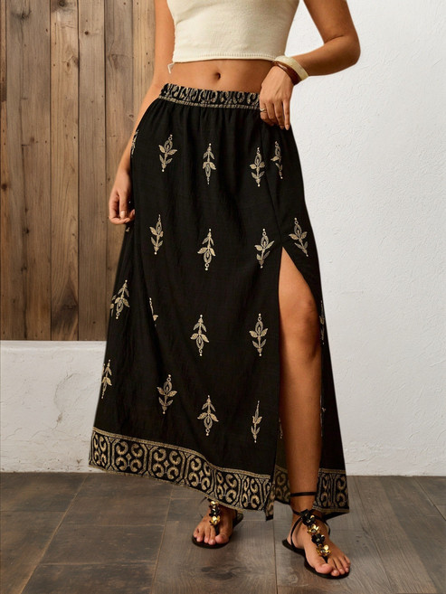 2026년 패션 캐주얼 프린트 배색 슬릿 하이웨이스트 여성용 스커트