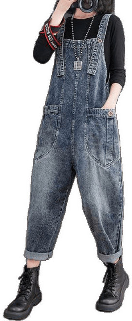 여성용 빅사이즈 데님 멜빵바지 오버핏 하이웨스트 배기 점프슈트
