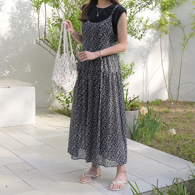 데일리앤 헤니안 쉬폰 플라워 캉캉 플레어 뷔스티에 휴양지 여름 롱 원피스 77