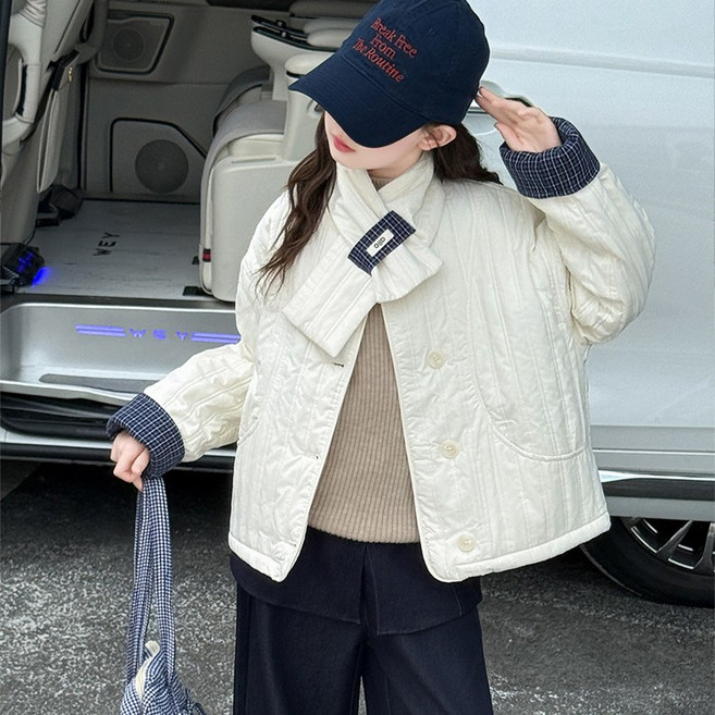 메이징키즈 주니어 여아 겨울 체크 배색 경량 다운 목도리 자켓 점퍼