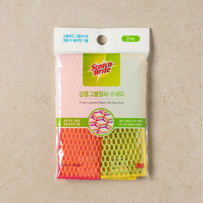 3M 3M 삼중양면 그물망사 수세미 2입