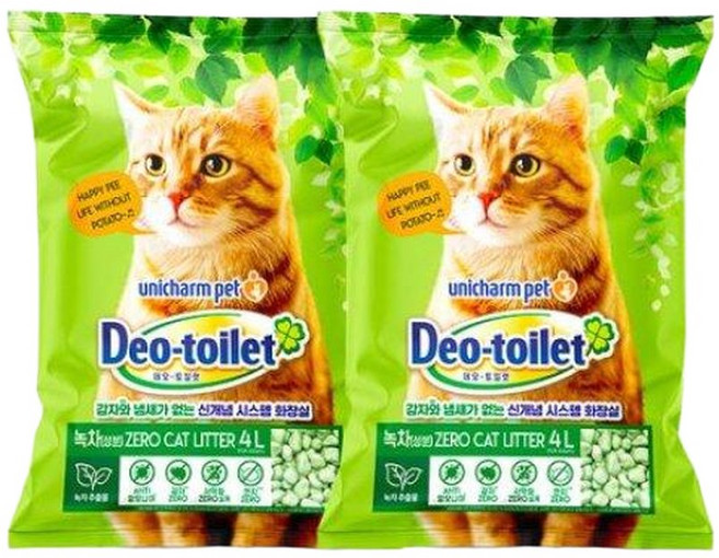 메온셀 (2개세트) LG유니참 데오토일렛 녹차함유 소취항 균 모래 4L 고양이, 2개, 녹차